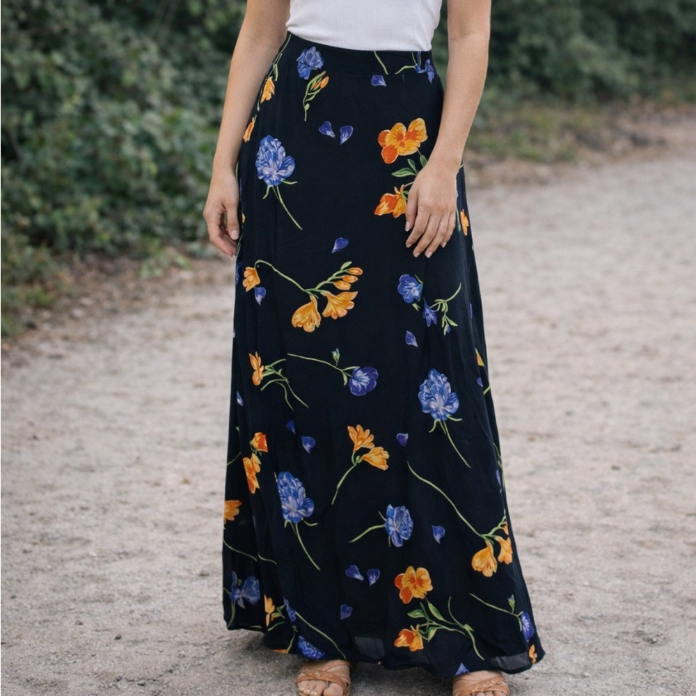 Coldwater Creek Black Maxi Skirt with Blue and Orange Floral Print
